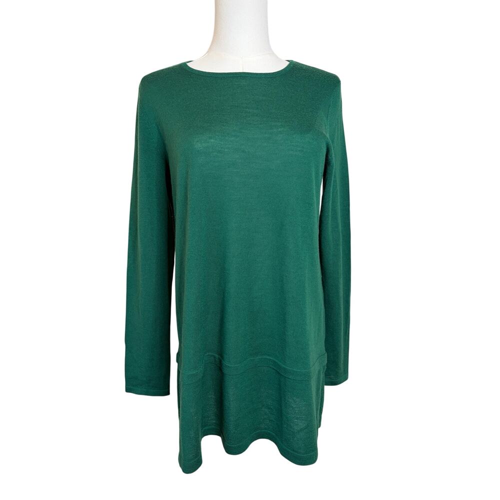 J Jill Merino Wool Green Crew Neck Tunic Sweater Top Sz S #Quiet Luxury